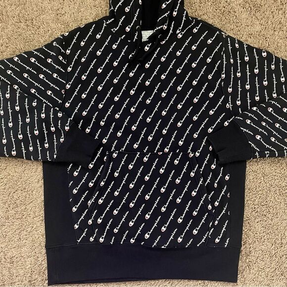 Champion Brand Blue Reverse Weave All Over Logo Print Hoodie Sweatshirt SZ M EUC - Picture 6 of 12